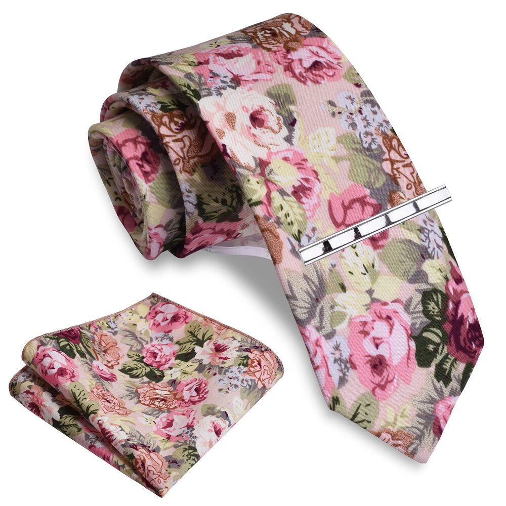 2414 Beige Cotton Ties for Wedding Slim Floral Tie Skinny Necktie